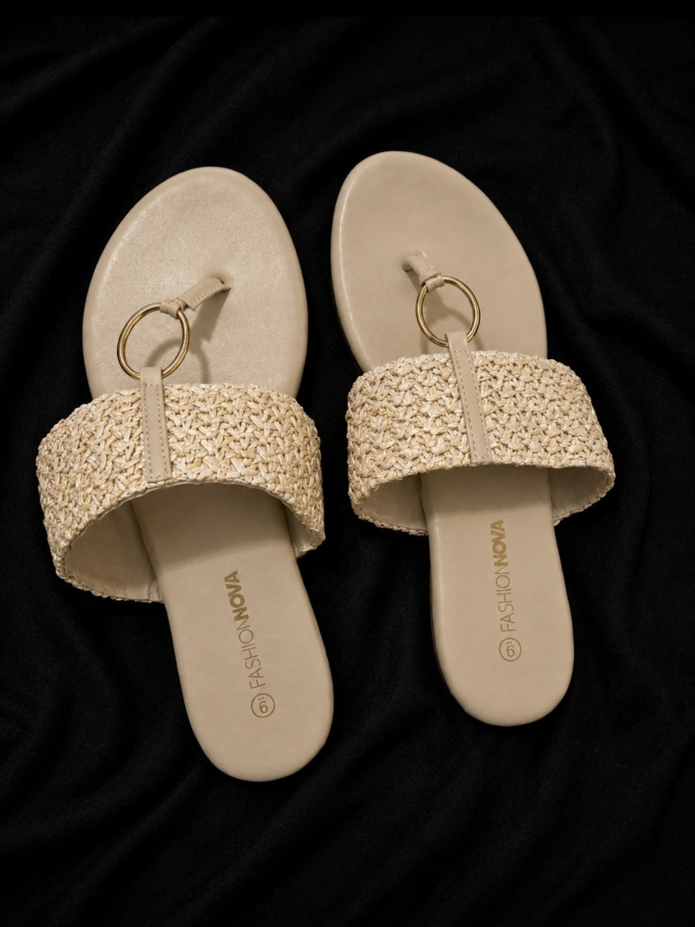 Fashion Nova Neutral Woven Ring-Detail Slide Sandals